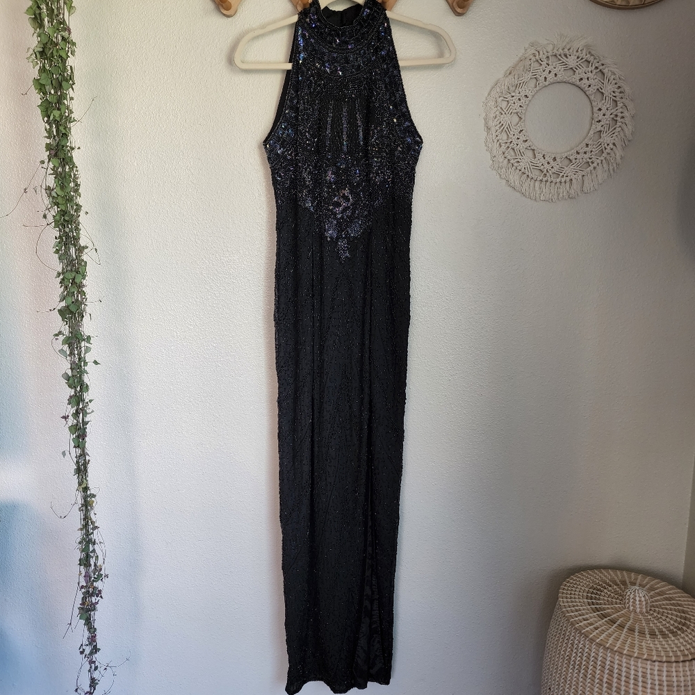 Adrianna Papell Halter Beaded Gown In Black Thigh Slit Bodycon EUC 6